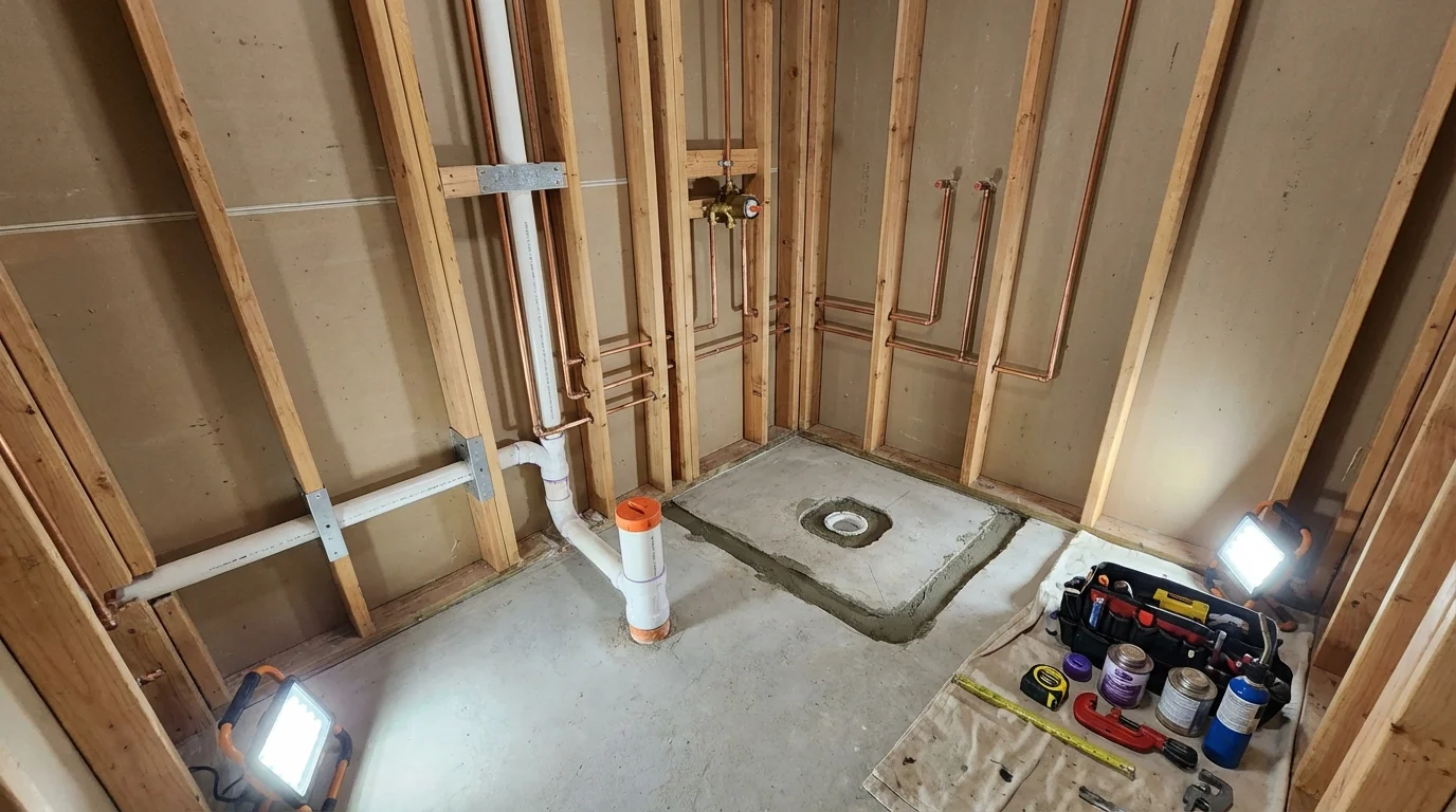 Bathroom rough-in plumbing during remodel by Johns Plumbing LLC in Altus