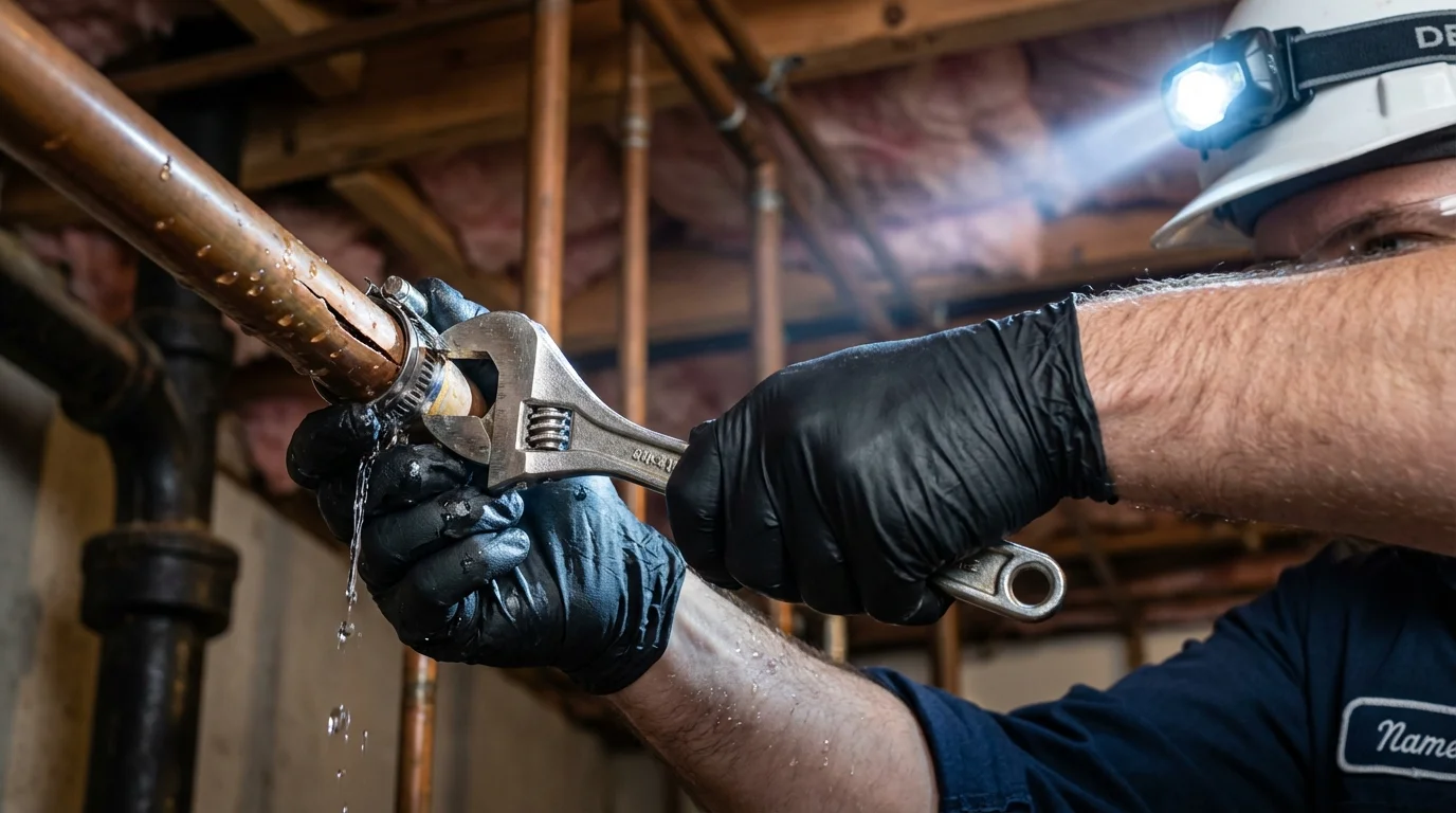 Emergency pipe clamp repair being performed by a Johns Plumbing LLC plumber in Altus