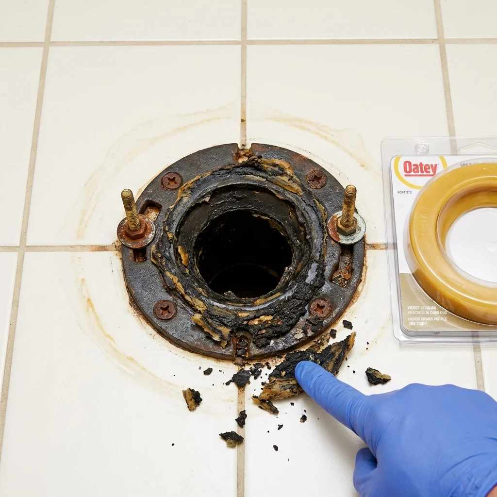 Failed wax ring showing water seepage at the base of a toilet in a Altus, OK home