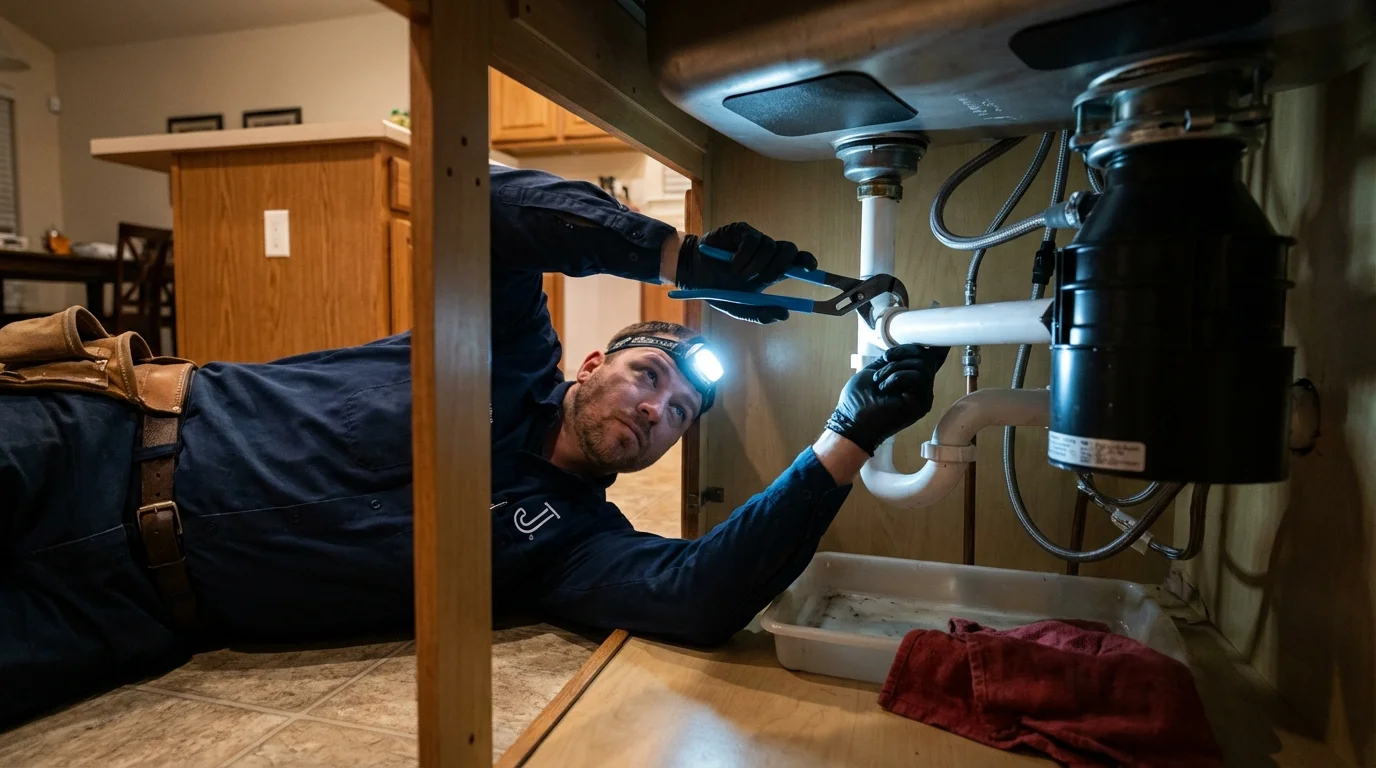P-trap and supply line connections under a kitchen sink showing a common leak point in Altus, OK